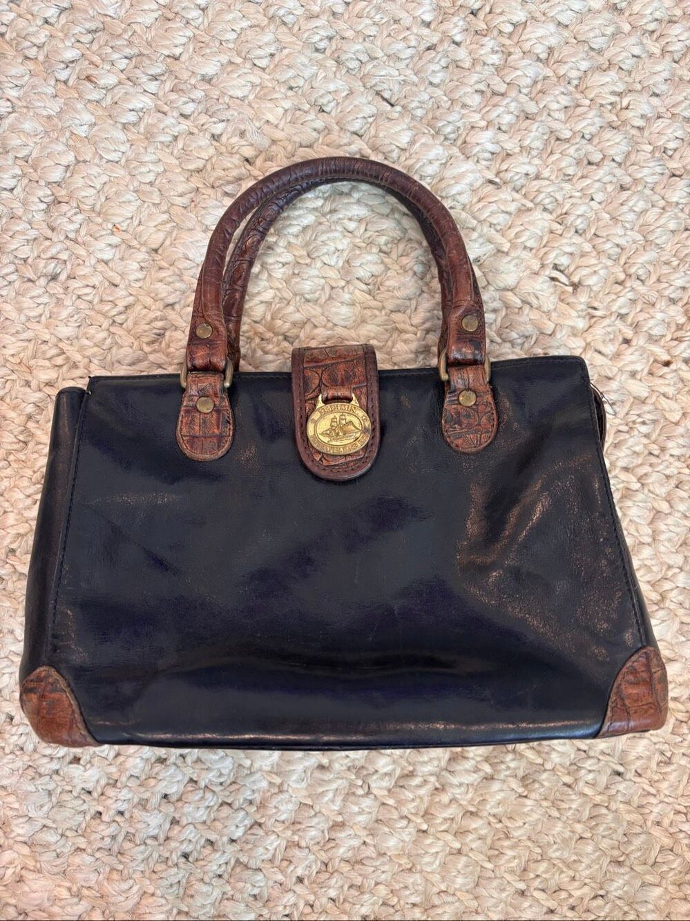 Vintage Brahmin black Leather Satchel Bag Croc Embossed Top Handle Handbag, quie - Picture 2 of 13